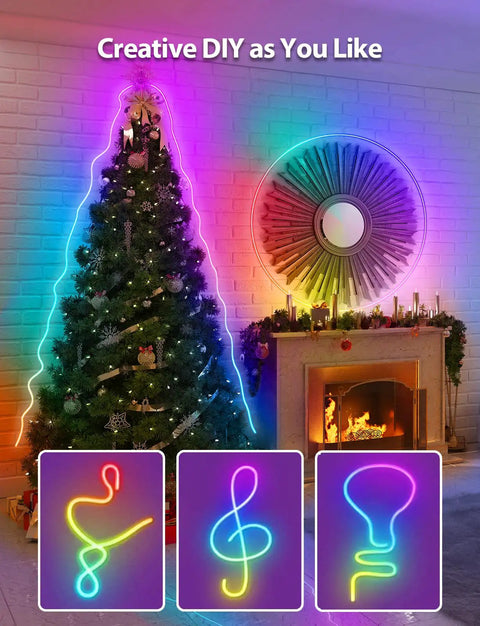 Dope RGB LED Neon Rope Lights 6Ft With App Control And IR Remote illuminating Christmas tree and wall art indoors.