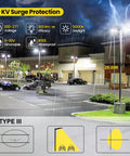 Switchable 200W 220W 240W LED Parking Lot Light illuminating a plaza with lightning backdrop, showcasing IP65 Waterproof and brightness features.
