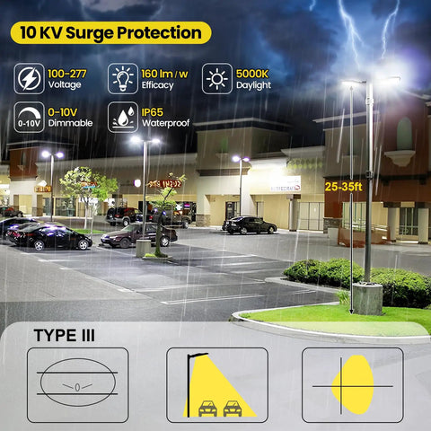 Switchable 200W 220W 240W LED Parking Lot Light illuminating a plaza with lightning backdrop, showcasing IP65 Waterproof and brightness features.