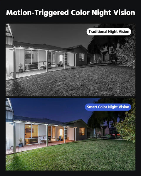Image comparing traditional and smart color night vision of 8 Channel Wired Outdoor Security Camera System With AI Human And Vehicle Detection, 5MP Lite DVR, 4 Weatherproof 1080P Cameras, H.265 Plus, Email Alerts With Snapshots, No Hard Drive Required, Plug-And-Play Home Surveillance.
