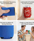 Snag This Awesome Bulk Set Of Eight Different Funny Quote Insulated Neoprene Can Coolers That Collapse For Easy Storage Great For Keeping Your Soda And Beer Cans Cold At BBQs Parties And More; blue and red can sleeves shown with people using them outdoors