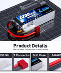 3S 2200mAh LiPo Battery 11.1V 35C with T Connector Soft Case 2 Pack for RC Airplane Quadrotor Drone FPV shown on a grid mat