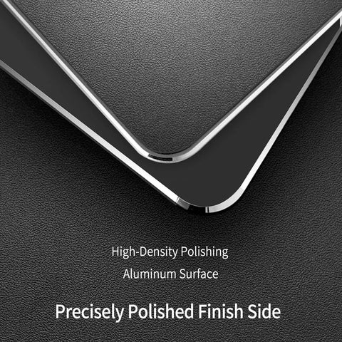 Close-up of Double Sided Aluminum Mouse Pad for Gaming and Office Use showing aluminum and PU leather sides.