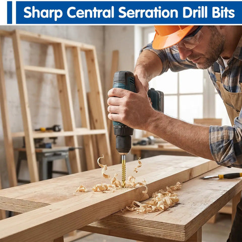 Top Shelf Eight Piece HSS Step Drill Bit Set With Titanium Coating And Hex Shank being used on wood, creating shavings.