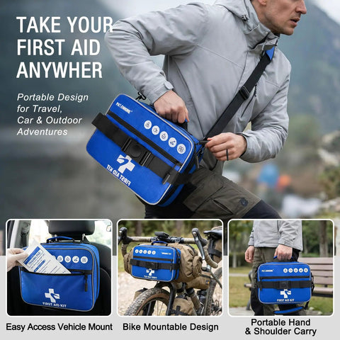 Person holding Six In One Modular First Aid Kit with Waterproof Pockets for Home Car Travel Camping Boat and Outdoor Use Large Emergency Medical Supplies Organizer with Detachable Modules for Cuts Scrapes Sprains and Everyday Crises outdoors