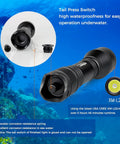 Close-up of Dive Light 1000 Lumens For Scuba Night Dives IP68 Waterproof Underwater Torch showing components and body design.