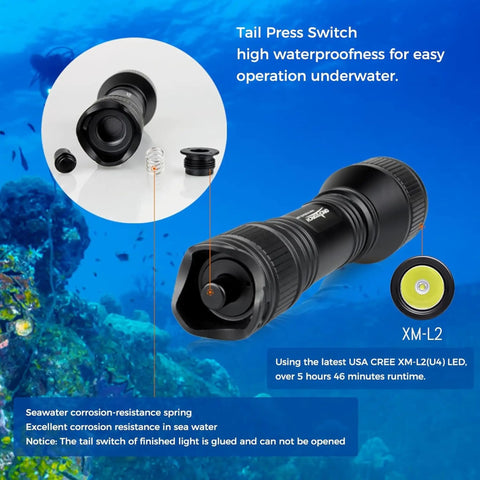 Close-up of Dive Light 1000 Lumens For Scuba Night Dives IP68 Waterproof Underwater Torch showing components and body design.
