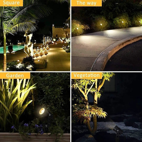 4 Pack Landscape Lighting Kit With Plug In Outdoor LED Spotlights Low Voltage 12V Transformer 3000K Warm White areas lit up