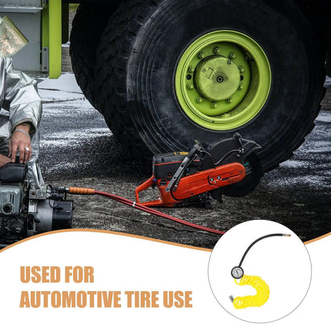 Top Tier Yellow PU Coil Air Hose With Quick Lock Connector For Air Compressor And Pneumatic Tools, shown during automotive tire work.