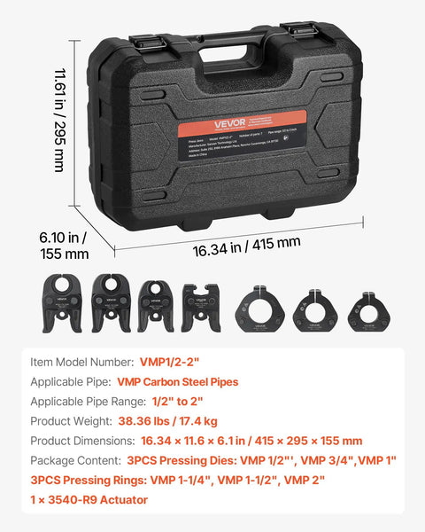 VEVOR 7 Piece VMP Pressing Kit With 3540 Actuator And Jaws For 1/2 To 2 Inch Carbon Steel Piping in durable case
