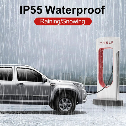 Nacs To Ccs1 Adapter For Tesla Superchargers Bringing Hella Smooth 300Kw Dc Fast Charging to a vehicle charging in the rain.