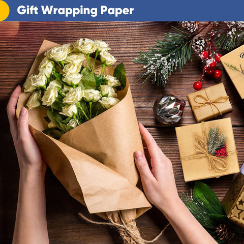 Brown Kraft Wrapping Paper Roll 17.5 x 1200 Inches Non Coated Craft Packing Paper 70 GSM 100 Percent Recycled with flowers.