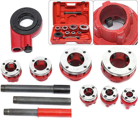 Heavy Duty Ratcheting Pipe Threader Kit Set With Seven Dies From Three Eighths To Two Inches showing red and silver threading dies.