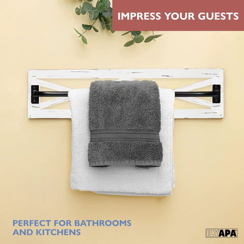 Rustic Towel Bar And Toilet Paper Holder Set With Towel Ring For Bathroom, Wall Mounted Rack In White Wood And Black Metal