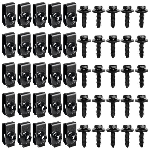 50 Piece Body Fastener Kit With 25 Bolts And 25 U Nut Clips For Fender Engine Cover Splash Shield Bumper Radiator Hood Shield Panel M6 Durable Black Phosphate Coated Easy Car Repair And Assembly