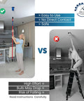 Comparison of vacuum operated high ceiling light bulb changer with remote versus ladder use for hard-to-reach lights.