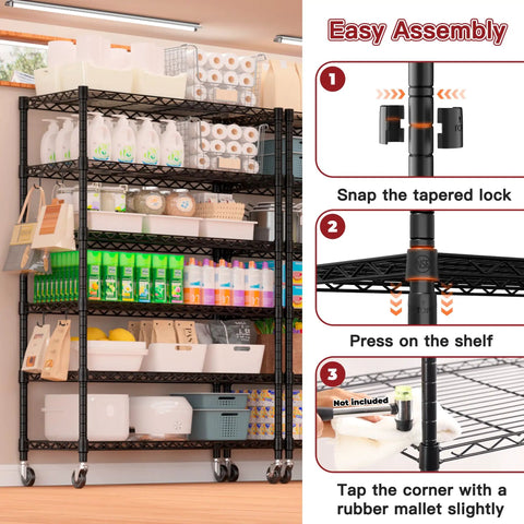 Six Tier Beefy Wire Shelving On Wheels For Garage Storage 36 Inch Wide By 18 Inch Deep By 78 Inch High Heavy Duty Steel Construction Holds Up To 1500 Lbs Total Capacity Per Shelf 250 Lbs Mobile Rack in kitchen storage use