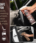 VentRight Perforated Leather Cleaner And Conditioner being sprayed on car door panel, hand holding spray, 16 oz bottle visible.