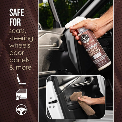 VentRight Perforated Leather Cleaner And Conditioner being sprayed on car door panel, hand holding spray, 16 oz bottle visible.