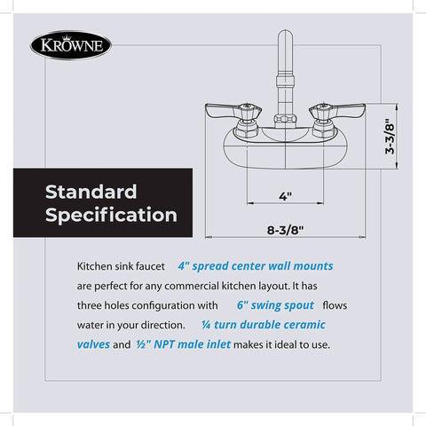 Technical diagram of Silver Series Splash Mounted Kitchen Faucet With 4 Inch Centers And 6 Inch Swing Spout Quarter Turn Ceramic Cartridge Valve Chrome Finish Low Lead Compliant NSF Certified Includes Mounting Kit Easy Install showcasing dimensions.