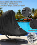Heavy Duty 73 Inch Waterproof Patio Hanging Chaise Lounge Cover With Handle Bombproof Durable 600D UV Protected All Weather Outdoor Hammock Chair Swing Protector Black covering a chair by a pool.
