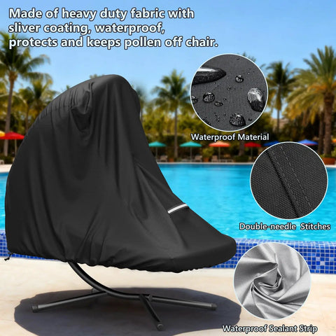 Heavy Duty 73 Inch Waterproof Patio Hanging Chaise Lounge Cover With Handle Bombproof Durable 600D UV Protected All Weather Outdoor Hammock Chair Swing Protector Black covering a chair by a pool.