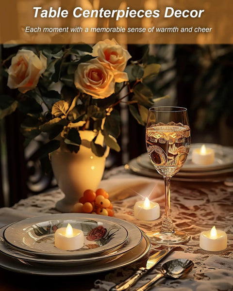 Flameless LED Tea Lights Set For Party And Home Battery Operated Flickering Votive Candles on elegant dinner table
