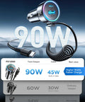 90W USB C Car Charger With 5-Foot 45W Coiled Cable Fast PD QC3.0 Multi-Device Car Charger, blue light, coiled cable detail