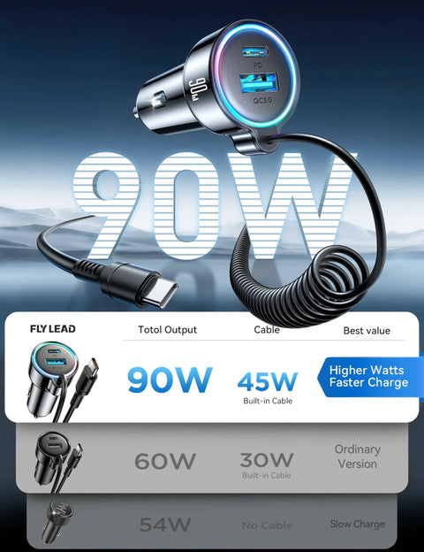 90W USB C Car Charger With 5-Foot 45W Coiled Cable Fast PD QC3.0 Multi-Device Car Charger, blue light, coiled cable detail