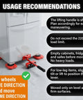 Heavy Duty No Sweat Furniture Lifter Tool Set With Adjustable Height under a refrigerator, showing usage recommendations.