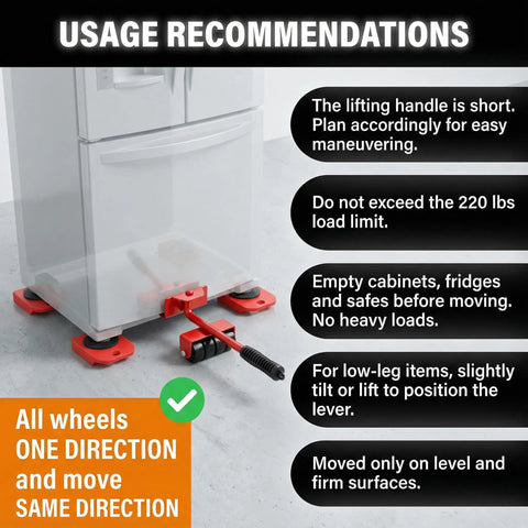 Heavy Duty No Sweat Furniture Lifter Tool Set With Adjustable Height under a refrigerator, showing usage recommendations.