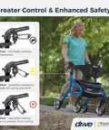 Heavy Duty Tall Rollator Walker With Comfy Seat Straight Up Built Tough Aluminum Frame Supports 350 Pounds No Sweat One Hand Fold Slick Blue showing hand brakes for safety options.