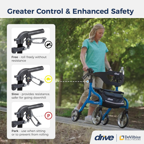 Heavy Duty Tall Rollator Walker With Comfy Seat Straight Up Built Tough Aluminum Frame Supports 350 Pounds No Sweat One Hand Fold Slick Blue showing hand brakes for safety options.