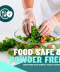 Clear Vinyl Exam Gloves Case Of 1000 Powder Free Latex Free Disposable Medical And Food Safe Hand Protection With Beaded Cuffs delivering comfort while handling fresh salad.