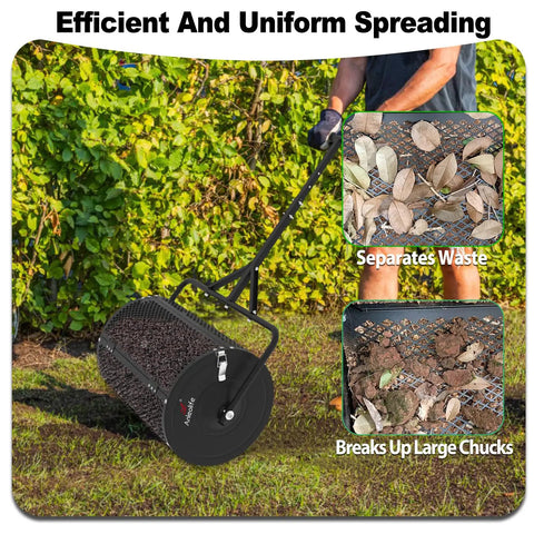 Person using Heavy Duty 24 Inch Compost Spreader For Lawn And Garden With All Iron Build, Galvanized Finish, Mega 2.7 Cu Ft Mesh Basket.