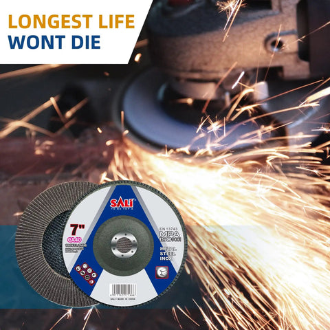 Pro Level 10 Pack 40 Grit Flap Discs For Angle Grinders, 7 X 7/8 Inch Type 29 Aluminum Oxide Grinding Wheels with sparks.