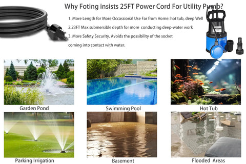 Half HP Submersible Sump Pump With Float Switch 2535 GPH Water Pump, images of utility uses: garden pond, swimming pool, flooded areas, irrigation.