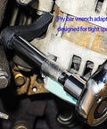 Two Pack Pry Bar Wrench Adapter And Ratchet Pry Bar Attachment With 360 Degree Swivel Head in use for tight space axle removal
