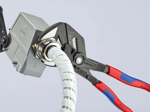 10 Inch Pliers Wrench With 2 Inch Jaw Capacity, 19 Adjustable Positions gripping a metallic pipe, laser marked scale visible.