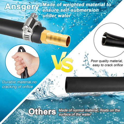 Comparison of a weighted self-sinking hose vs a regular hose in water, highlighting durability and submersion capability.