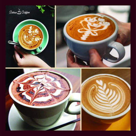 Four cups of coffee with intricate latte art, showcasing various designs, brewed using a Stainless Steel Milk Frothing Pitcher 12oz 350ml With Dual Inside Measurement Scales For Precise Pouring And Latte Art Espresso Cappuccino Coffee Steaming Jug Plus Ebook Included.