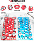 Nut and bolt thread gauge plates: red standard plate and blue metric plate with holes for bolt sizes; wall-mountable.