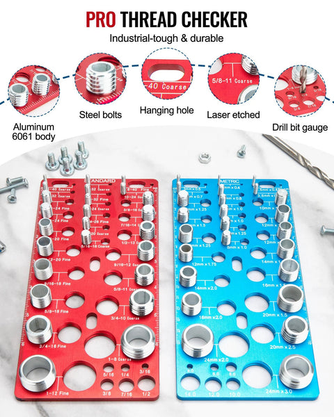 Nut and bolt thread gauge plates: red standard plate and blue metric plate with holes for bolt sizes; wall-mountable.