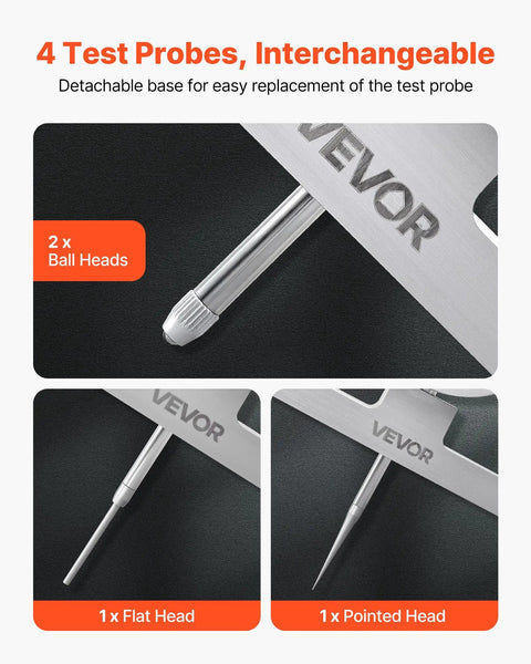 Beast Depth Micrometer Gauge Digital with 0-22 Inch Range showing four interchangeable test probes: ball, flat, and pointed heads