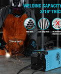 Person using 125 Amp Flux Core MIG Welder For 120V Home DIY Projects Gasless Welder Kit; welding metal in workshop