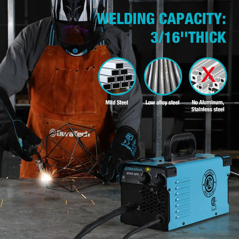 Person using 125 Amp Flux Core MIG Welder For 120V Home DIY Projects Gasless Welder Kit; welding metal in workshop