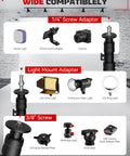 Round Base Light Stand Monopod for Cameras and Lighting, 79 Inch Tall, compatibility with various adapters and lights shown.