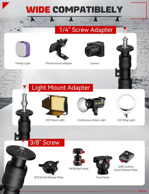 Round Base Light Stand Monopod for Cameras and Lighting, 79 Inch Tall, compatibility with various adapters and lights shown.