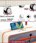 20 Inch Carry On Luggage With Dope Spinner Wheels And USB Port Lightweight PC Hard Shell Suitcase For Men And Women Airline Approved Under Seat Carry On With Front Laptop Compartment White, showing wheels and USB port.