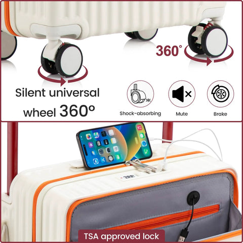 20 Inch Carry On Luggage With Dope Spinner Wheels And USB Port Lightweight PC Hard Shell Suitcase For Men And Women Airline Approved Under Seat Carry On With Front Laptop Compartment White, showing wheels and USB port.
